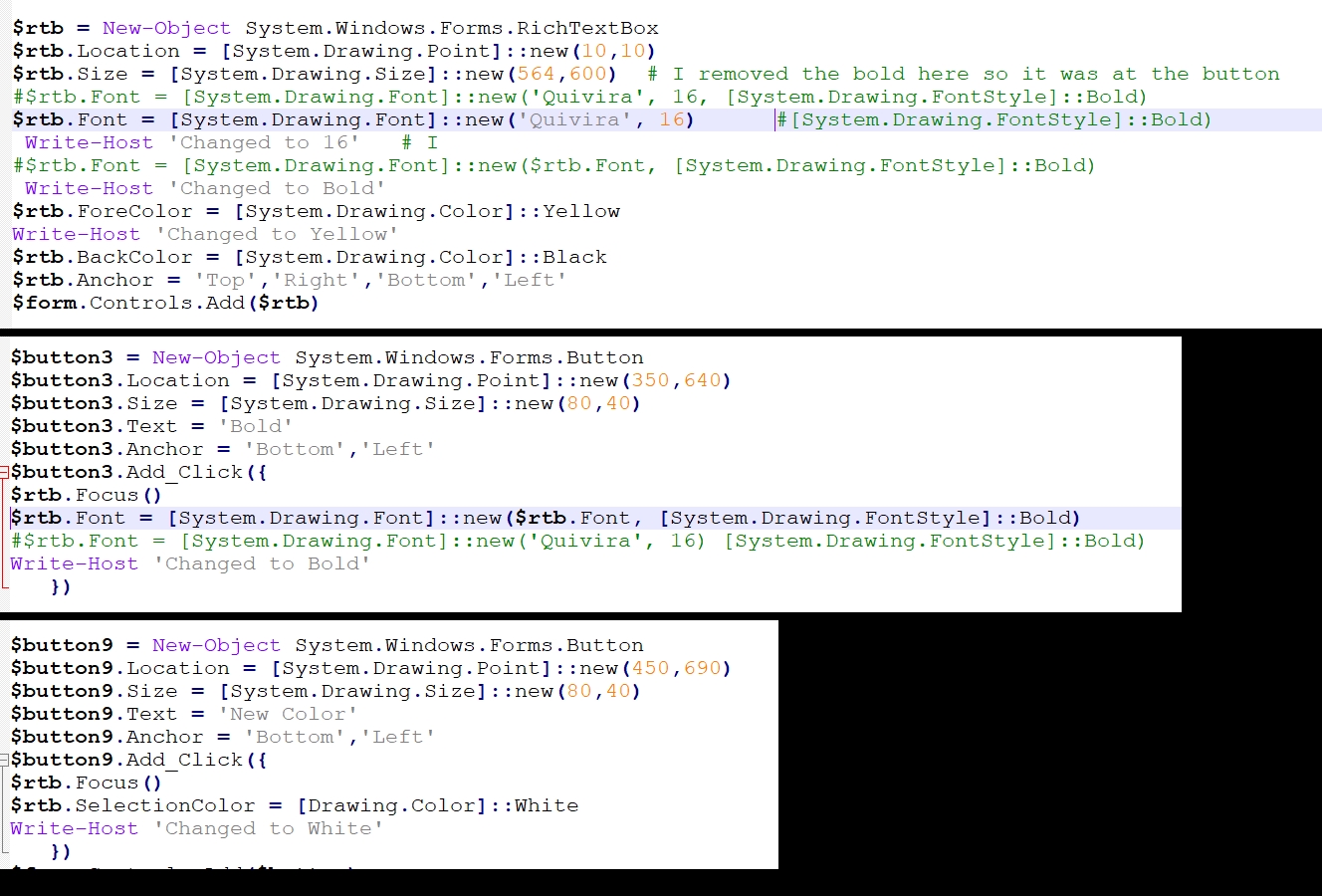 What is the proper syntax for powershell to make the $rtb.Font.Bold, so ...