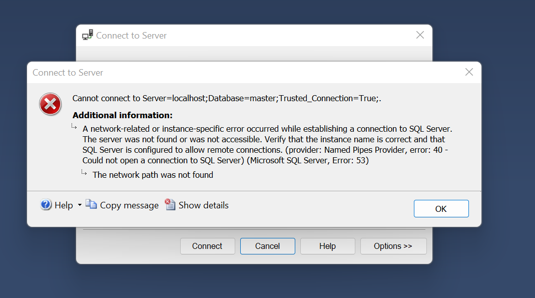 Solved: SQL Server Error connecting to new instance on local machine ...