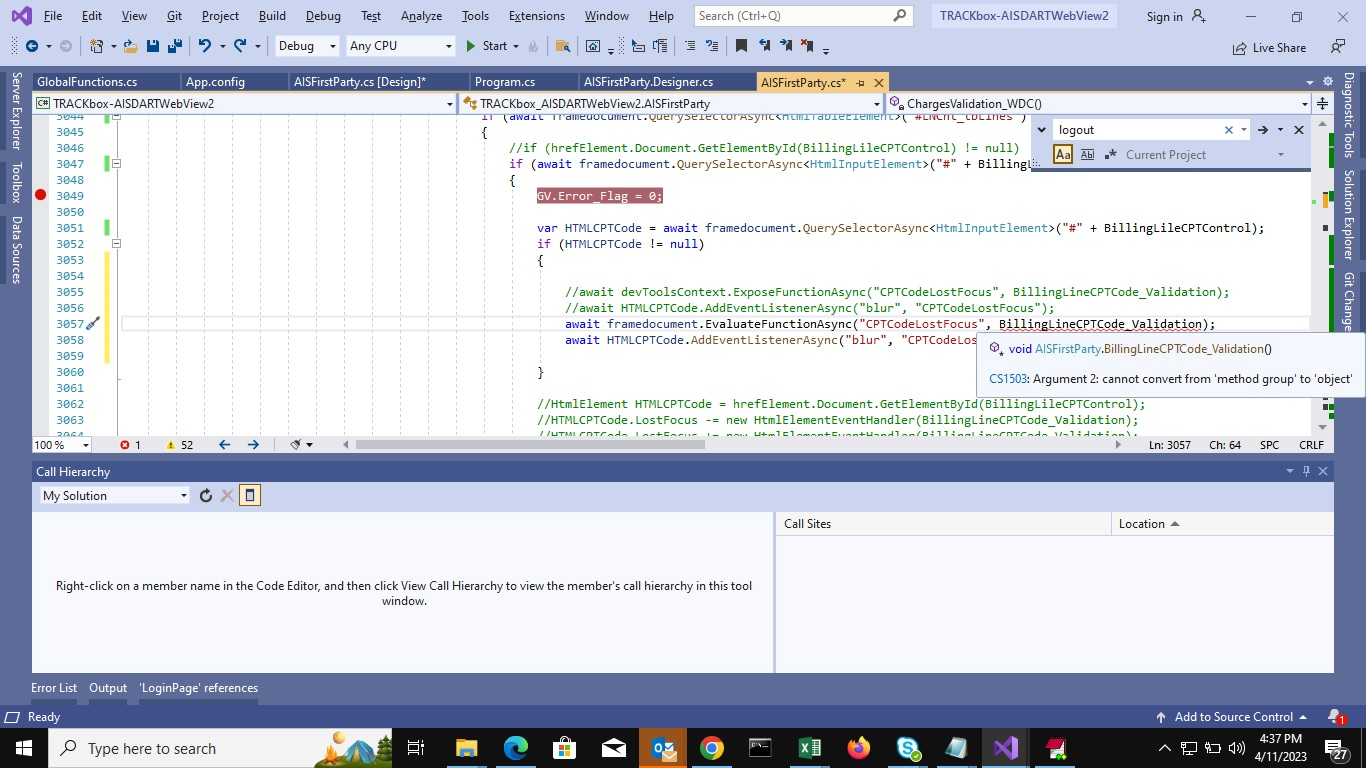 Getting error while raising a lostfocus event in visual studio, C# and ...