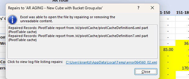 PivotTable cache error in Excel | Experts Exchange
