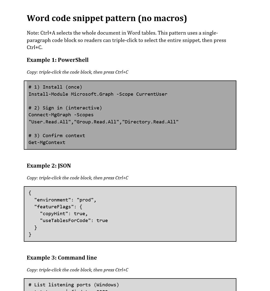 Best ways of adding 'Copy code' button to code text box within MS Word ...